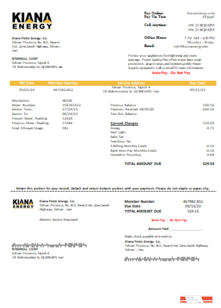 Kiana Petro Energy Co utility business bill, SCR PSD template